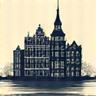 Icoon van een stadsgezicht met grachtenpanden, symbool voor lokale productie in Amsterdam.