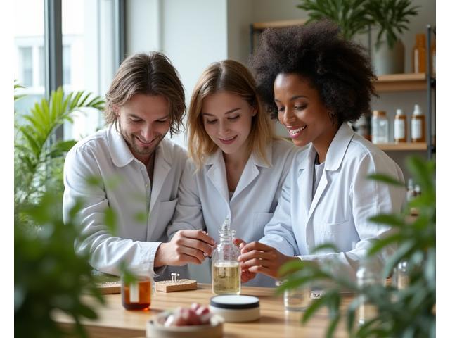 Team van HuidVlucht Cosmetica aan het werk in een lab